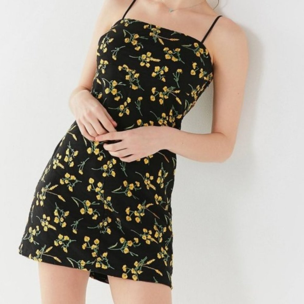 Urban Outfitters Black Embroidered Mini Bodycon Dress Yellow Floral